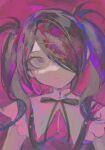  1girl ame-chan_(needy_girl_overdose) black_hair black_ribbon expressionless hair_ornament hair_over_one_eye highres kokemozuku long_hair looking_at_viewer neck_ribbon needy_girl_overdose pink_background pink_eyes ribbon short_sleeves sketch solo suspenders twintails upper_body x_hair_ornament 