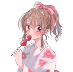  1girl blush bow brown_hair covered_mouth eating floral_print hair_bow hona_(eg_roloc) hori_yuko idolmaster idolmaster_cinderella_girls japanese_clothes kimono looking_at_viewer pink_bow ponytail print_kimono simple_background solo tanghulu upper_body 