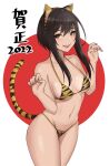  2022 animal_ears animal_print bangs bare_shoulders bikini black_hair blush breasts brown_eyes claw_pose collarbone commentary_request cowboy_shot fake_animal_ears hair_between_eyes hairband halterneck highres linea_alba looking_at_viewer medium_breasts micro_bikini mole mole_under_eye navel nyatokanyaru original short_hair_with_long_locks sideboob simple_background smile string_bikini swimsuit tail thighs tiger_ears tiger_print tiger_stripes tiger_tail translation_request underboob white_background yellow_bikini 