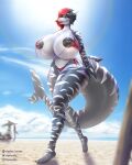  4:5 absurd_res anthro beach beach_umbrella bikini bikini_aside bikini_top clothing clothing_aside dyed-hair elysianelly female fish hi_res kisu_kurusaki_(hachiro_ae86) lipstick makeup malfunction marine red_bikini seaside shark sky solo swimwear swimwear_aside wardrobe_malfunction 