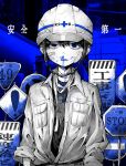  1boy bandaged_neck bandages bandaid bandaid_on_face black_hair blood blood_on_clothes blood_on_face blue_background blue_blood blue_eyes breast_pocket collared_jacket hardhat helmet highres hisame_mon looking_at_viewer male_focus monochrome no_entry_sign nosebleed original pocket road_sign short_hair sign sleeves_pushed_up solo stop_sign uneven_eyes upper_body 