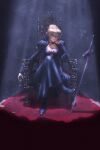  1girl absurdres artoria_pendragon_(fate) bangs black_dress black_footwear blonde_hair braid braided_bun breasts carpet chair chalice cleavage commentary covered_nipples crossed_legs crown_braid dark_background dress elbow_rest excalibur_morgan_(fate) expressionless fate/grand_order fate_(series) hair_between_eyes hair_bun hand_on_own_cheek hand_on_own_face head_rest high_heels highres long_bangs looking_at_viewer medium_breasts mugetsu2501 pale_skin planted planted_sword red_carpet saber_alter solo spotlight sword throne weapon yellow_eyes 