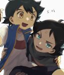  2boys ash_ketchum black_hair blue_eyes brown_eyes brush_stroke carrying child close-up commentary_request dark-skinned_male dark_skin eyebrows_visible_through_hair faux_traditional_media goh_(pokemon) highres holding_person implied_yaoi lifting lifting_person male_child male_focus meddo multiple_boys open_mouth painting_(medium) pokemon short_hair short_sleeves simple_background smile traditional_media white_background 