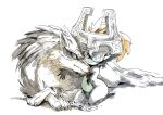  2018 armor blue_eyes canid canine canis claws duo female feral fur headgear helmet humanoid humanoid_pointy_ears imp link_(wolf_form) looking_at_viewer male mammal markings midna nintendo red_eyes simple_background smile the_legend_of_zelda tsuyuga twili twilight_princess video_games white_background wolf 