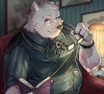  2022 anthro belly book clothed clothing detailed_background eyewear glasses hi_res humanoid_hands inside kemono male mammal overweight overweight_male sitting solo uma_shika19 ursid 