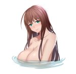  1girl ahoge bangs bare_shoulders blush breasts brown_hair collarbone commentary_request completely_nude green_eyes huge_breasts lips long_hair looking_at_viewer nude nyatokanyaru original partially_submerged simple_background smile solo upper_body white_background 