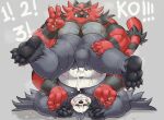  2022 anthro aotoaka belly black_body black_nose blush bodily_fluids butt cum duo ejaculation genital_fluids hi_res humanoid_hands incineroar kemono leaf male nintendo one_eye_closed overweight overweight_male pangoro pok&eacute;mon pok&eacute;mon_(species) red_body sitting sweat video_games white_body wink 