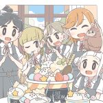  5girls ^_^ animal_on_head arashi_chisato bird bird_on_head black_hair blonde_hair closed_eyes collared_shirt commentary_request dress east_sha2 eating eyebrows_visible_through_hair fork grey_dress hair_behind_ear hazuki_ren head_tilt heanna_sumire holding holding_fork long_hair love_live! love_live!_superstar!! manmaru_(love_live!) multiple_girls official_art on_head orange_hair owl own_hands_together pointing school_uniform shibuya_kanon shirt short_hair smile sweatdrop tang_keke v-shaped_eyebrows white_shirt window yuigaoka_school_uniform 