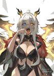  1girl avionnas breasts cleavage covered_navel fangs hair_between_eyes heterochromia highres horns indie_virtual_youtuber jewelry long_hair looking_at_viewer lucadark_art necklace open_mouth pointy_ears solo teeth tongue tongue_out virtual_youtuber white_hair wings 