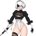  1girl aesdev3 black_blindfold black_hairband blindfold boots breasts cleavage_cutout clothing_cutout cowboy_shot dress expressionless facing_viewer feather-trimmed_sleeves gloves groin hairband hip_focus holding holding_sword holding_weapon leotard looking_at_viewer medium_breasts nier_(series) nier_automata no_pants short_hair skindentation skirt skirt_removed solo sword thigh_boots thighhighs thighs torn_clothes torn_dress weapon white_leotard yorha_no._2_type_b 
