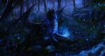  2022 ambiguous_gender blue_theme claws detailed_background digital_media_(artwork) dragon feral forest grass hi_res horn isvoc membrane_(anatomy) membranous_wings night outside plant scales scalie solo spines tree western_dragon wings 