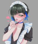  0_0c0ff 1boy androgynous apron asymmetrical_bangs bangs black_shirt blue_ribbon blush choker collarbone crossdressing cum cum_in_mouth cum_on_boy cum_on_hair cum_on_hands cum_on_tongue eyelashes facial flat_chest frilled_apron frilled_sleeves frills green_eyes grey_background hair_ribbon hand_up looking_to_the_side maid_headdress male_focus otoko_no_ko partially_unbuttoned protagonist_(smtv) ribbon shadow shin_megami_tensei shin_megami_tensei_v shiny shiny_skin shirt short_sleeves simple_background single_sidelock solo tongue tongue_out upper_body 