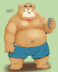  2022 4:5 anthro belly big_belly black_nose brown_body bulge clothing eyes_closed humanoid_hands kemono male mammal moobs navel nipples overweight overweight_male solo toshi_(artist) underwear ursid 