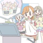  3girls arashi_chisato black_legwear black_shorts brown_hair commentary_request double_bun east_sha2 eyebrows_visible_through_hair food hair_behind_ear ice_cream love_live! love_live!_superstar!! multicolored_hair multiple_girls official_art orange_hair orange_shorts pantyhose pink_shirt ponytail purple_hair purple_shirt shibuya_kanon shirt shorts streaked_hair surprised tang_keke twintails v-shaped_eyebrows white_hair white_shirt 