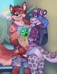  absurd_res anthro backpack balls bastionshadowpaw canid canine clothing diaper duo felid fox genitals hat headgear headwear hi_res lgbt_pride male male/male mammal pantherine penis public seraph_(seraph) sharing_diaper snow_leopard 