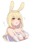  1girl ^^^ animal_ears bangs bare_shoulders bikini bikini_top_only blonde_hair blush breasts cleavage collarbone commentary_request cropped_torso elbow_gloves gloves large_breasts long_hair mole mole_under_eye nyatokanyaru open_mouth original rabbit_ears red_eyes simple_background solo string_bikini swimsuit translation_request underboob upper_body white_background white_bikini white_gloves 
