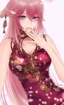  1girl animal_ears breasts china_dress chinese_clothes cleavage dress dutch_angle earrings eyebrows_visible_through_hair eyelashes filha floral_print fox_ears genshin_impact hair_between_eyes hand_to_own_mouth highres jewelry large_breasts long_hair looking_at_viewer parted_lips pink_hair pink_nails purple_dress purple_eyes signature sleeveless sleeveless_dress smile solo upper_body vision_(genshin_impact) yae_miko 