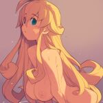  1girl ahoge blonde_hair blush breasts commentary_request completely_nude eyebrows_visible_through_hair eyes_visible_through_hair gradient gradient_background green_eyes grey_background large_breasts long_hair looking_at_viewer metata nipples nude original solo wet wet_hair 