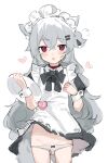  1girl :o absurdres ahoge animal_ear_fluff animal_ears apron bandaid bandaid_on_cheek bandaid_on_face bangs black_bow black_bowtie black_dress blush bow bowtie crossed_bangs dress fenrir_(fenriluuu) flying_sweatdrops grey_hair hair_between_eyes heart highres holding holding_tray long_hair looking_at_viewer maid one_side_up original panties panty_pull red_eyes rir-chan short_sleeves simple_background solo tail tray underwear white_apron white_background white_panties wolf_ears wolf_girl wolf_tail wrist_cuffs 