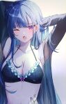  1girl ;o armpits arms_behind_head arms_up bare_shoulders black_bra blue_hair bra breasts cleavage collarbone fang frilled_bra frills halterneck highres large_breasts lingerie long_hair looking_at_viewer navel one_eye_closed open_mouth original purple_eyes see-through seno_(senohime) solo spaghetti_strap stomach stomach_tattoo string_bra tattoo underwear upper_body very_long_hair 