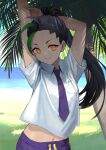  1girl arms_up bad_id bad_twitter_id black_hair collared_shirt day eyelashes green_hair highres looking_at_viewer multicolored_hair navel necktie nemona_(pokemon) orange_eyes outdoors palm_tree parted_lips pokemon pokemon_(game) pokemon_sv ponytail purple_necktie purple_shorts shirt shorts smile solo streaked_hair stretch tree vertigris white_shirt 