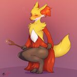  &lt;3 1:1 anthro blush delphox embers female hi_res looking_at_viewer mr.smile muscular_thighs nintendo pok&eacute;mon pok&eacute;mon_(species) presenting smoke solo solo_focus tongue tongue_out video_games 