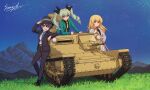  3girls anchovy_(girls_und_panzer) arsene_lupin_iii arsene_lupin_iii_(cosplay) black_footwear black_hair black_jacket black_pants black_ribbon black_shirt blonde_hair braid brown_eyes carpaccio_(girls_und_panzer) carro_veloce_cv-33 commission cosplay dated drill_hair girls_und_panzer grass green_eyes green_hair green_jacket ground_vehicle hair_ribbon hat holding holding_sword holding_weapon ishikawa_goemon_xiii ishikawa_goemon_xiii_(cosplay) jacket japanese_clothes jigen_daisuke jigen_daisuke_(cosplay) katana long_hair looking_at_viewer lupin_iii military military_vehicle motor_vehicle multiple_girls necktie night pants pepperoni_(girls_und_panzer) pink_necktie red_eyes ribbon sheath sheathed shinmai_(kyata) shirt short_hair side_braid signature skeb_commission smile sword tank twin_drills twintails weapon yellow_necktie 