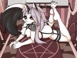  anthro breasts canid canid_demon collar demon female hellhound helluva_boss hi_res looking_at_viewer loona_(helluva_boss) lying mammal momo-the-bunny mostly_nude nipples on_front pentagram solo spiked_collar spikes 