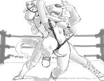  2021 akunim anthro bikini_thong boots breasts canid canine canis choke_hold clothing domestic_dog duo exposed_breasts eye_mask female fighting_ring footwear hair long_hair mammal mask nipples open_mouth reptile scalie simple_background snake swimwear tongue white_background wrestling 