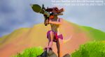 3d_(artwork) absurd_res anthro claws clothed clothing dialogue digital_media_(artwork) english_text erection erection_under_skirt gavit genitals gun harem_jewelry harem_outfit hi_res holding_gun holding_object holding_weapon horn humanoid jewelry kobold kobold_dellarte looking_at_viewer low_poly male open_mouth penis ranged_weapon reptile rocket_launcher scalie solo text threatening threatening_words weapon widescreen 
