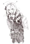  1girl dress drill_hair enosan gloves greyscale hair_ribbon hairband highres hyakumantenbara_salome long_hair looking_at_viewer monochrome nijisanji open_mouth ribbon smile solo virtual_youtuber water 