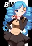  1girl ;o ace_trainer_(pokemon) bangs black_background blue_eyes blue_hair drill_hair eyebrows_visible_through_hair hair_ornament hand_on_hip highres holding holding_poke_ball leggings long_sleeves looking_at_viewer one_eye_closed open_mouth poke_ball pokemon pokemon_(game) pokemon_bw skirt solo twin_drills umiru white_background 