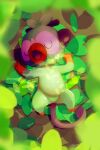  absurdres animal blurry closed_eyes commentary_request fangs from_above grookey highres leaf lying no_humans on_back open_mouth pokemon pokemon_(creature) sleeping solo tongue u_u zigrock 