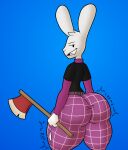  anthro axe big_butt bottomwear butt clothing epic_games fangs fortnite gradient_background guggimon huge_butt hyper hyper_butt lagomorph leporid looking_at_viewer male mammal melee_weapon murontis2001 pants pattern_bottomwear pattern_clothing rabbit ripping shirt simple_background solo sound_effects topwear torn_bottomwear torn_clothing torn_pants video_games weapon 