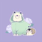  animal animal_focus bear bird chai_(drawingchisanne) cosplay flower frog leaf looking_at_viewer no_humans onesie original outline penguin polar_bear purple_background signature simple_background snail white_outline 