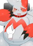  ai_only_dream anthro belly belly_pinch blush claws clothing collar disembodied_hand duo embarrassed fupa fur gloves handwear hi_res nintendo overweight pink_eyes pok&eacute;mon pok&eacute;mon_(species) thick_thighs video_games white_body white_fur zangoose 