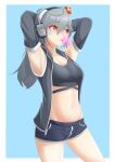  1girl 5danny1206 absurdres armpits arms_up breasts chewing_gum crown grey_hair headphones highres large_breasts long_hair midriff navel original red_eyes short_shorts shorts solo star_(symbol) 