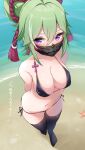  1girl arms_behind_back bangs beach bikini black_bikini black_legwear blush breasts earrings eyebrows_visible_through_hair from_above full_body genshin_impact green_hair hair_between_eyes highres jewelry kuki_shinobu looking_at_viewer mask medium_breasts mouth_mask navel ninja_mask no_shoes purple_eyes rope sand shimenawa short_ponytail side-tie_bikini signature solo starfish stomach swimsuit tassel tassel_earrings thighhighs thighs translation_request v-shaped_eyebrows water xlyami 