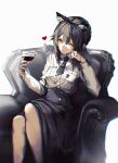  1girl alternate_costume animal_ears arknights armchair black_hair black_necktie black_skirt bracelet breast_pocket chair collared_shirt cup drinking_glass ear_piercing extra_ears feet_out_of_frame hands_up head_tilt heart highres holding holding_cup jewelry long_skirt long_sleeves looking_at_viewer multiple_rings necktie piercing pocket ring shirt simple_background sitting skirt solo texas_(arknights) veilrain white_background white_shirt wine_glass wolf_ears yellow_eyes 