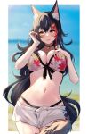 1girl animal_ear_fluff animal_ears bangs black_hair blush breasts eyebrows_visible_through_hair hair_between_eyes hair_ornament hairclip highres hololive long_hair multicolored_hair navel ookami_mio open_mouth red_hair short_shorts shorts solo streaked_hair swimsuit tail tail_around_leg tail_wrap tako_8_yaki virtual_youtuber wolf_ears wolf_girl wolf_tail yellow_eyes 