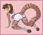  2022 4_toes 5_fingers absurd_res anthro border breasts brown_hair clothed clothing digital_media_(artwork) feet felid feline female fingers fur hair hi_res ketty mammal pink_background purple_eyes red_border simple_background smile solo striped_body striped_fur stripes toes 