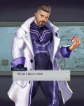  1boy artist_name bara beard black_bodysuit bodysuit bulge character_name closed_mouth dialogue_box facial_hair hand_in_pocket highres holding holding_poke_ball labcoat large_pectorals male_focus manly muscular muscular_male open_clothes open_labcoat pectorals poke_ball pokemon pokemon_(game) pokemon_sv purple_bodysuit short_hair solo stephendraws turo_(pokemon) two-tone_bodysuit undercut 