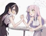  2girls arm_wrestling bangs black_hair black_headwear blue_archive blunt_bangs blush breasts dress epi_zero eyebrows_visible_through_hair flying_sweatdrops grey_background habit halo hinata_(blue_archive) large_breasts long_hair medium_breasts mika_(blue_archive) multiple_girls open_mouth pink_hair red_eyes simple_background sleeveless sleeveless_dress sleeves_rolled_up upper_body very_long_hair white_dress yellow_eyes 