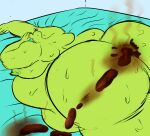  absurd_res anthro big_butt bodily_fluids butt feces gastropod hi_res huge_butt male mammal mewl1n mollusk nude overweight overweight_male pooping_on_bed scat slug slug_(justmegabenewell) solo sweat sweaty_butt 