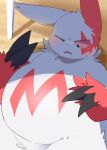  anthro beach belly black_claws blush bodily_fluids claws dorobo_39 fupa fur hi_res nintendo overweight pink_eyes pok&eacute;mon pok&eacute;mon_(species) seaside solo sweat umbrella under_shade video_games white_body white_fur zangoose 