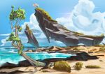  bird blue_sky chinese_commentary cliff cloud golden_miocola grass highres leaf no_humans ocean original outdoors plant rock sand scenery sky tree vines waves white_bird 