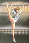  1980s_(style) 1girl arms_up athletic_leotard bangs brown_hair cream_lemon full_body gymnastics high_ponytail highres holding hoop hula_hoop leg_up leotard long_hair non-web_source official_art retro_artstyle scan solo standing standing_on_one_leg white_shadow 