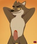  anthro balls brown_body brown_fur canid canine canis dreamworks fur genitals hi_res ladycherrybomba looking_at_viewer male mammal mr._wolf_(the_bad_guys) nude penis simple_background smile solo the_bad_guys wolf yellow_sclera 