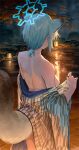  1girl animal_ears aochoku back blue_archive blue_hair breasts from_behind halo highres japanese_clothes kimono lamp medium_breasts onsen shigure_(blue_archive) short_hair short_ponytail solo tail undressing 