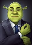  5_fingers body_hair brown_eyes chest_hair clothed clothing digital_media_(artwork) dreamworks fingers green_body half-closed_eyes hi_res humanoid loodncrood looking_at_viewer male mammal narrowed_eyes necktie not_furry ogre portrait shirt shrek_(character) shrek_(series) simple_background solo straight_face suit topwear 